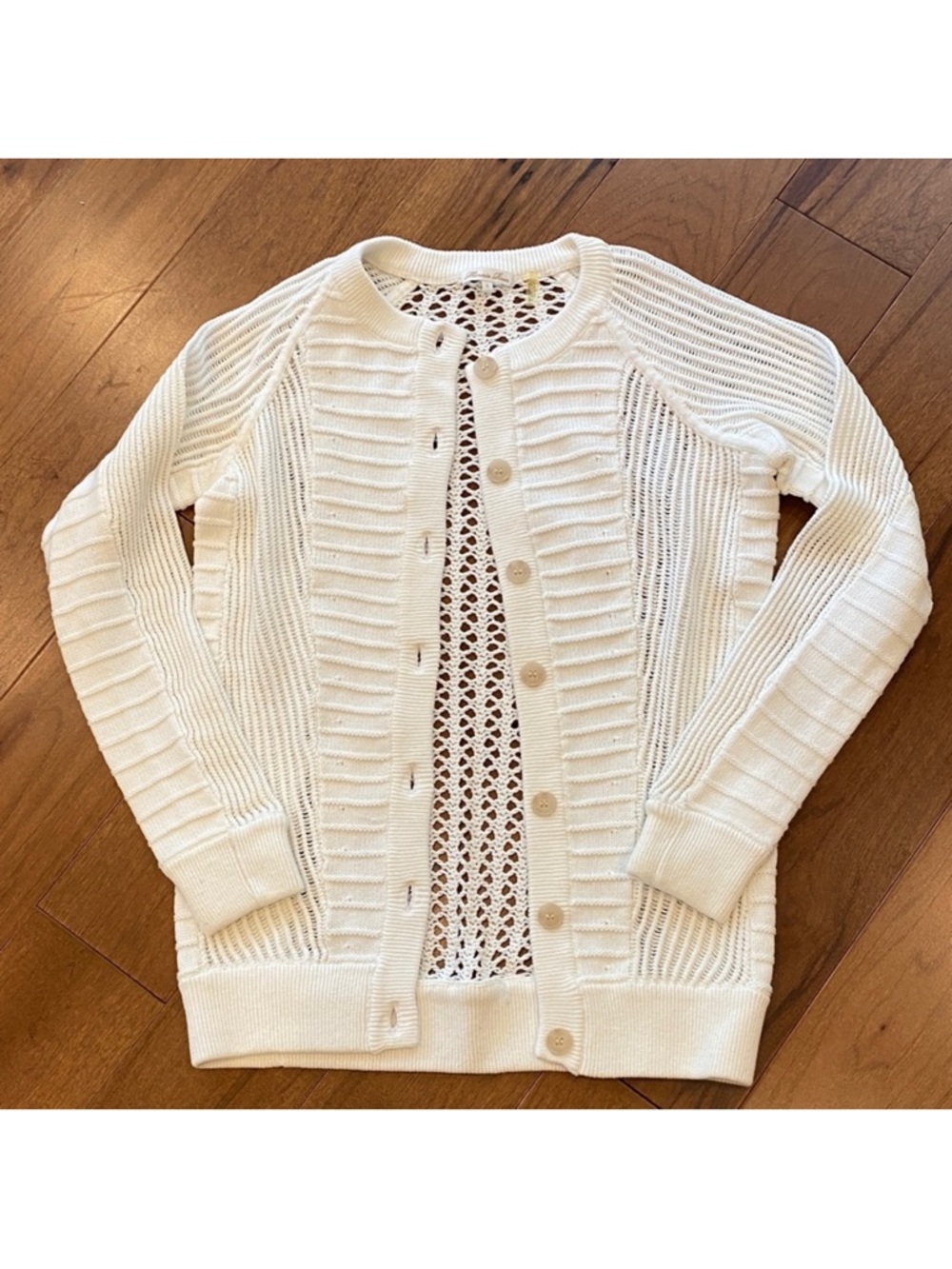 Minnie Rose Cream Open-Weave Button Cardigan